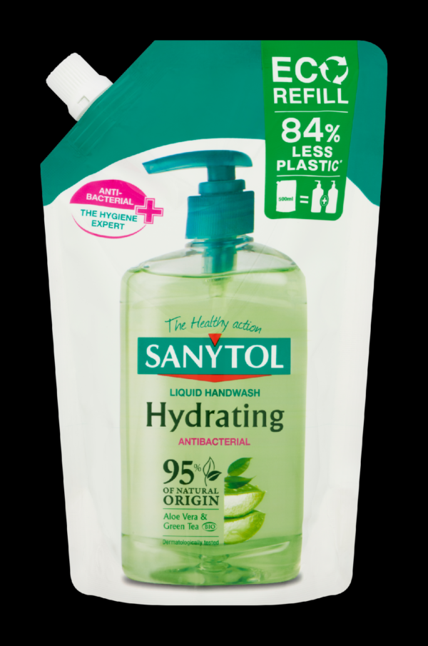 Sanytol Zelený čaj & Aloe Vera dezinfekční hydratující mýdlo na ruce náhradní náplň 500 ml